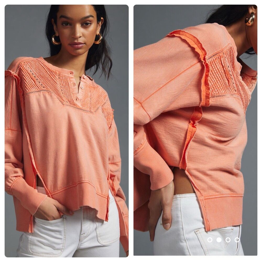 Anthropologie PILCRO Orange Pintuck Sweatshirt Top Size L - 100% Cotton